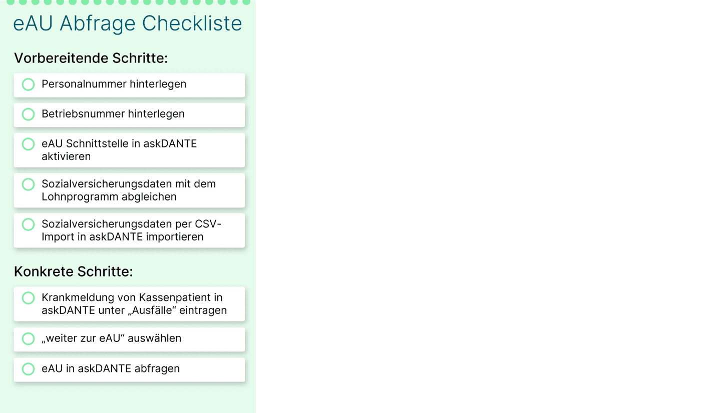 Checkliste zum eAU Abrufen in askDANTE. 