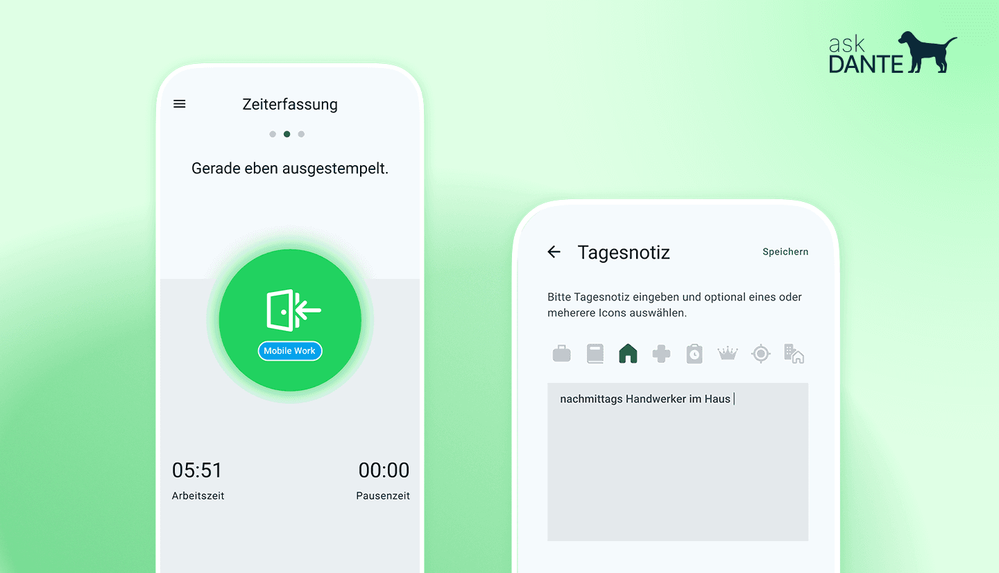 Grafik zeigt die Option zum Hinterlassen einer Tagesnotiz in der neuen askDANTE App auf einem Smartphone Device.