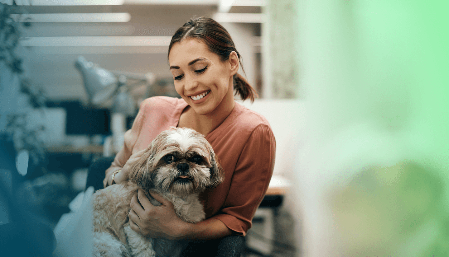 Header zeigt Angestellte im Office mit einem Hund auf dem Schoß.