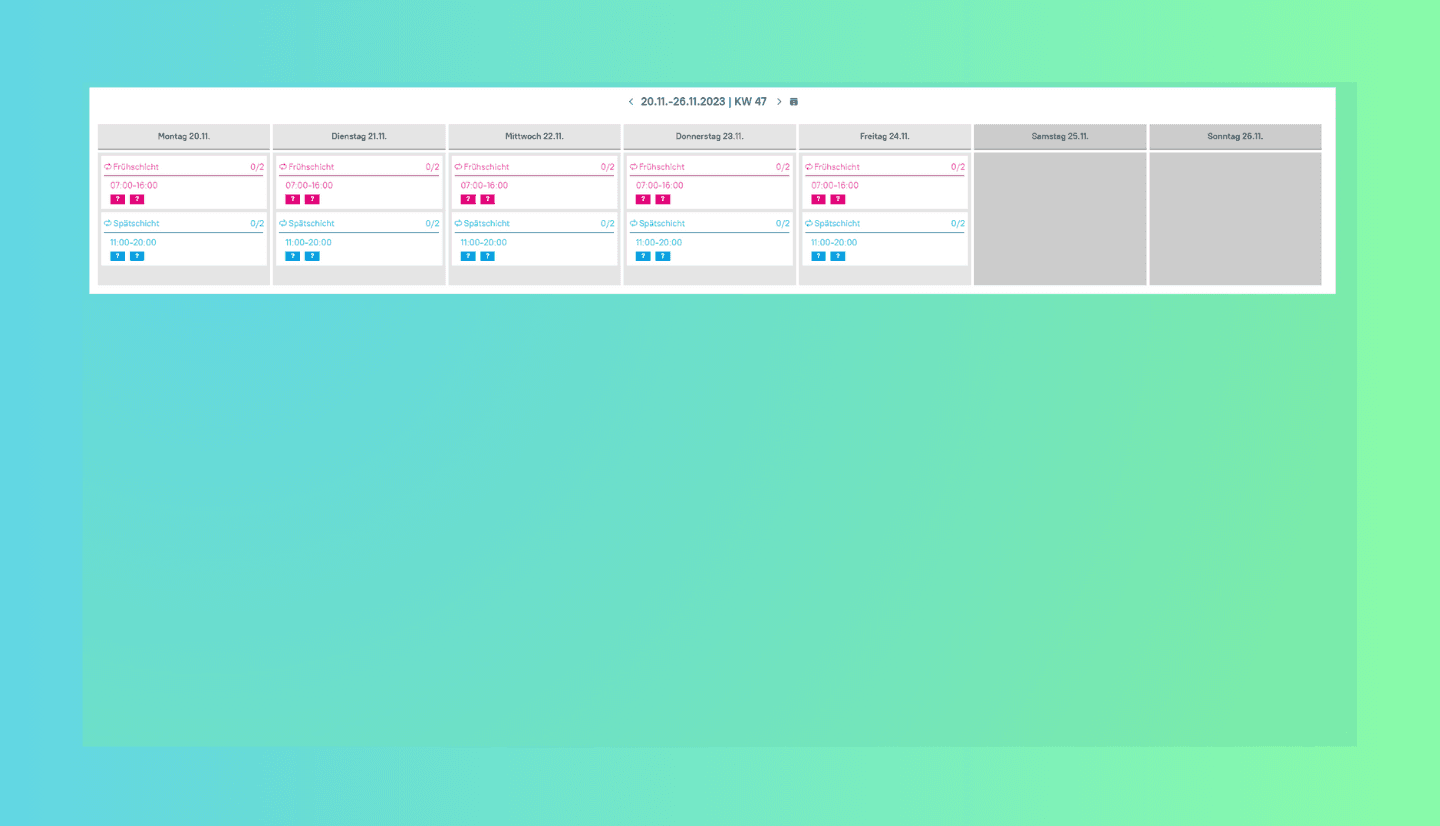 Screenshot zeigt die Ansicht Arbeitsbereiche beim Schichtplan erstellen in askDANTE.