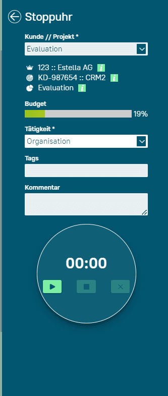 Screenshot zeigt Ausschnitt der Stoppuhr Funktion in der askDANTE Zeiterfassung.