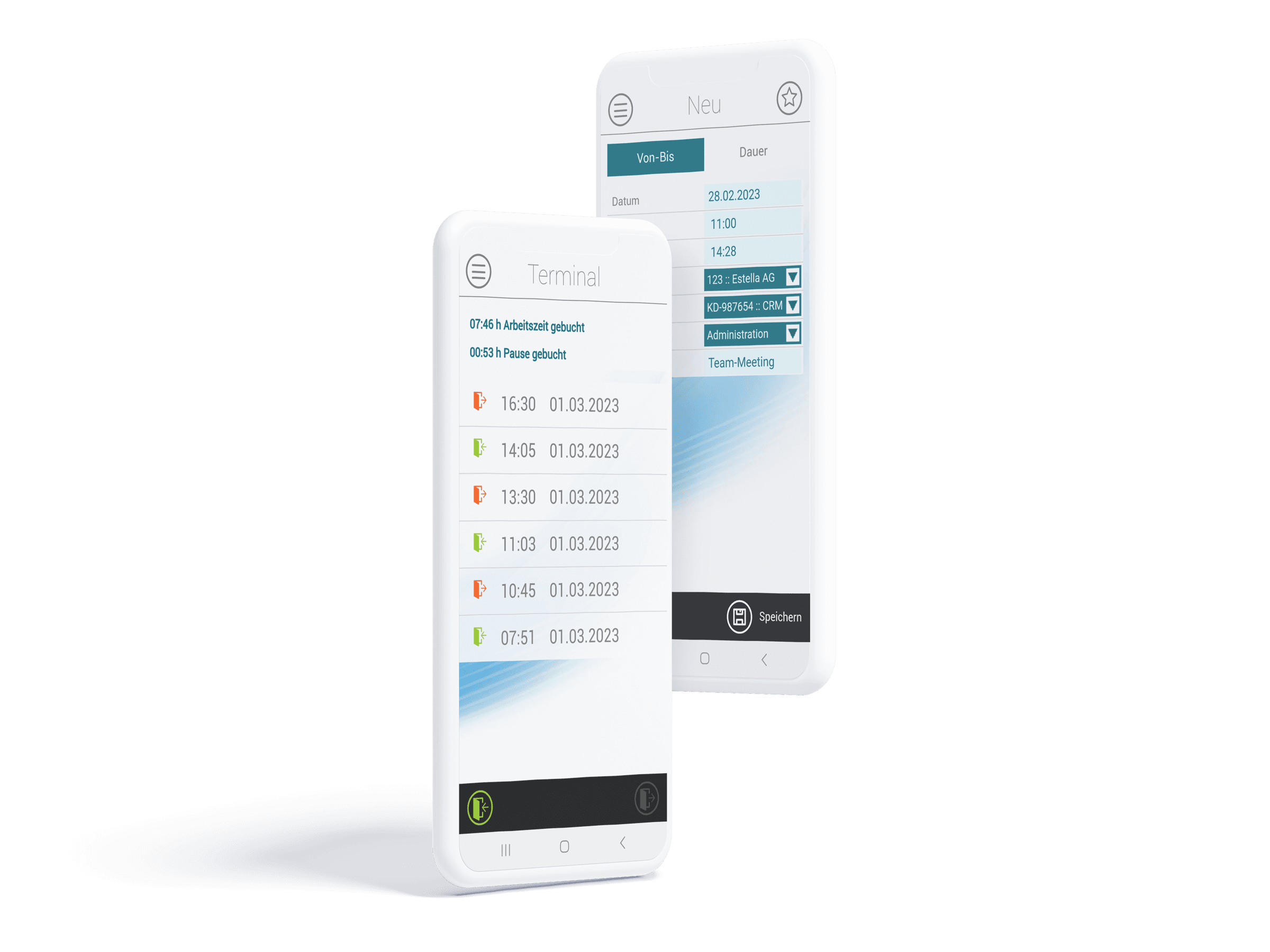 Zwei Smartphone-Devices, die das virtuelle Terminal und die Projektzeiterfassung in der askDANTE Zeiterfassung App zeigen.