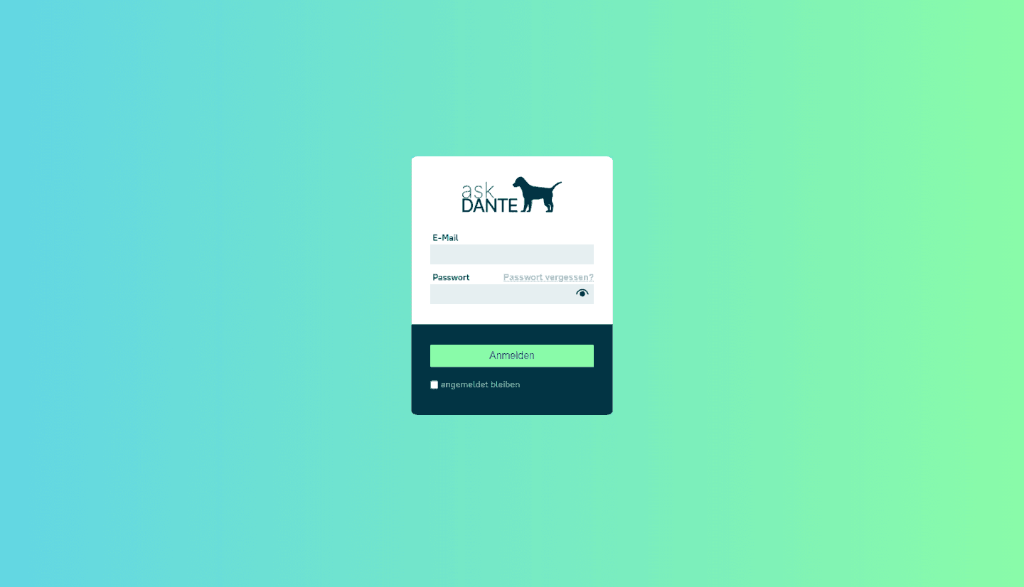 Screenshot zeigt Login-Maske zur askDANTE Anwendung.