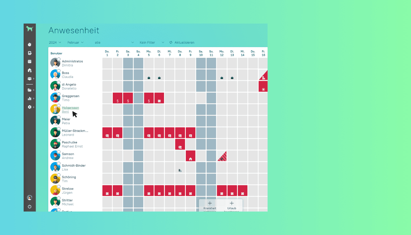 Screenshot zeigt die Funktion Querverlinkungen im Anwesenheitskalender von askDANTE.