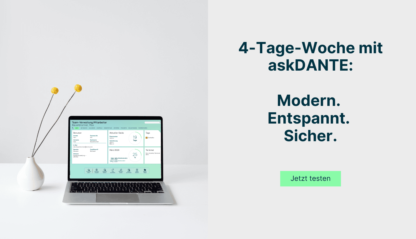 Grafik zeigt Laptop mit Screenshot aus askDANTE und einer Headline zum Thema Vier Tage Woche.