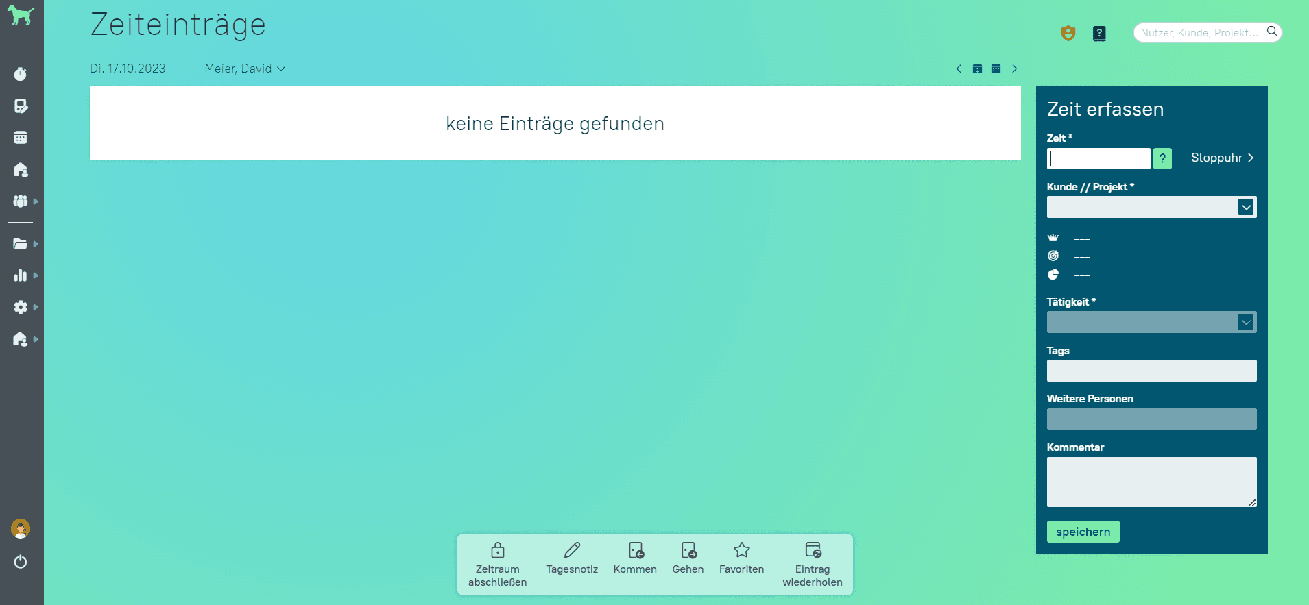 Screenshot aus der askDANTE Anwendung zur Funktion Zeiten erfassen.