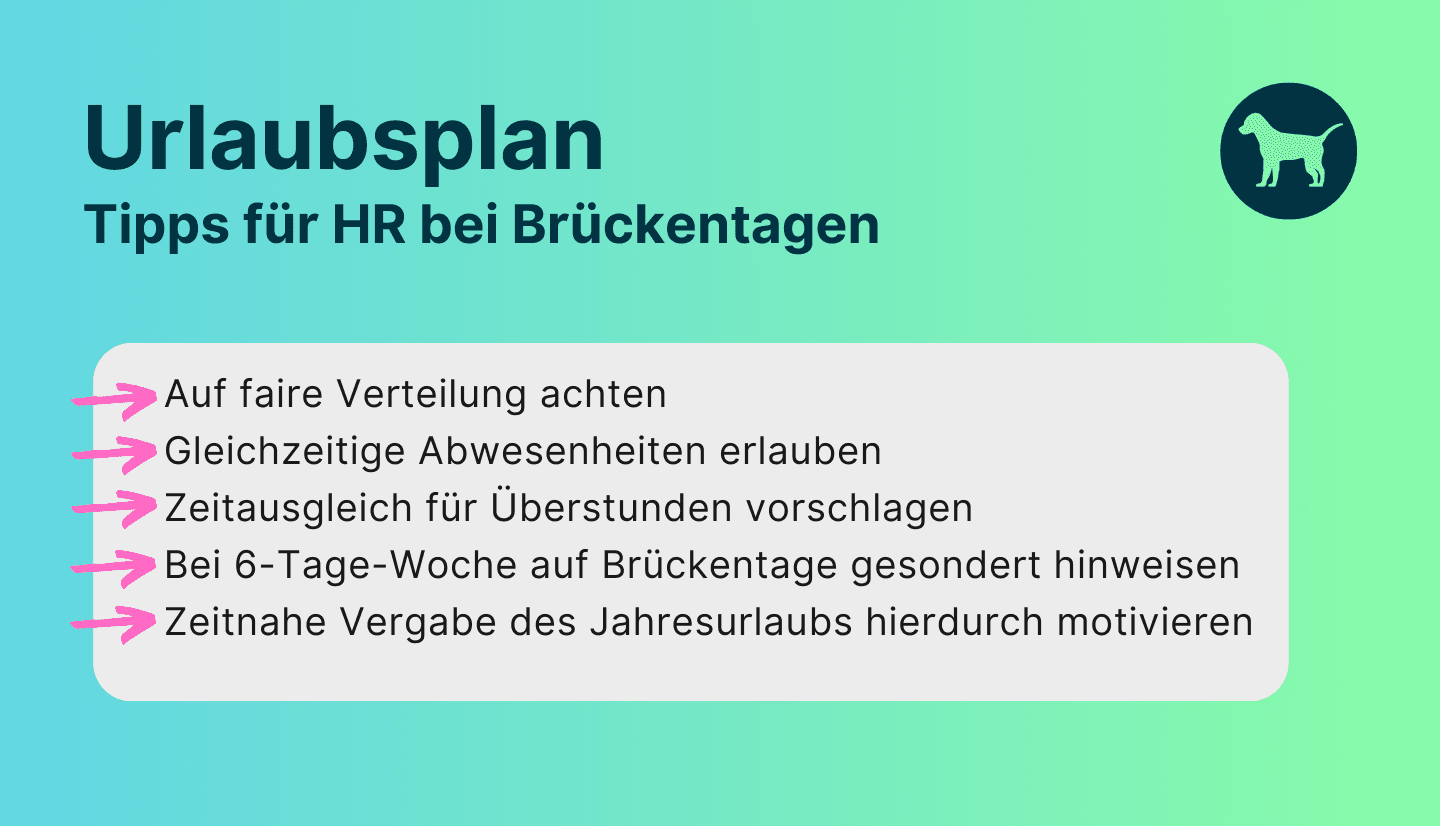 Infografik zeigt 5 zentrale Tipps für HR in Unternehmen, auf die bei der Vergabe von Brückentagen beim Urlaubsplan 2025 zu achten ist.