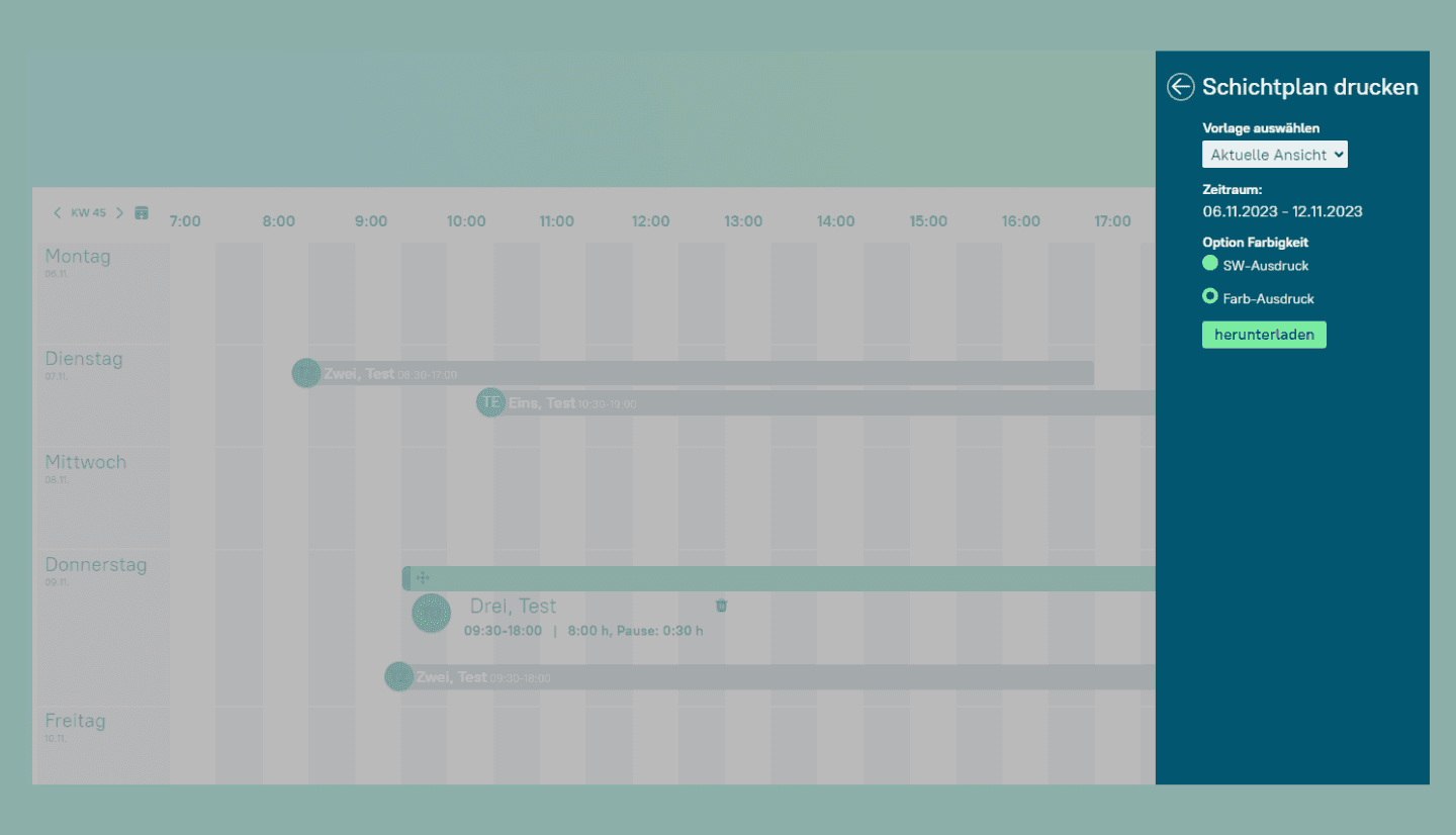 Screenshot zeigt Dialog in askDANTE zum Feature Schichtplan drucken und der Option aktuelle Ansicht.