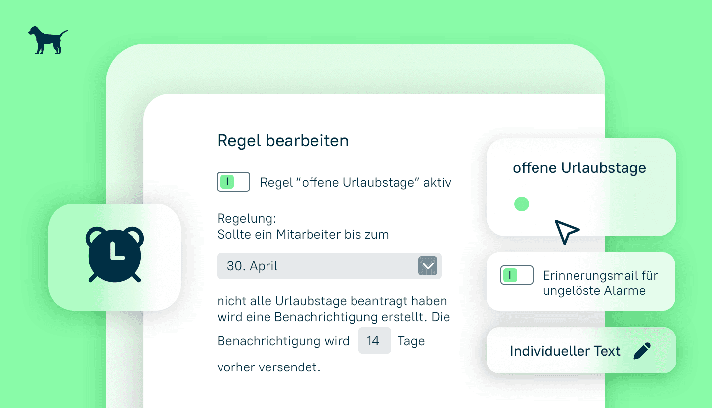 Illustration eines Screenshots zum askDANTE Alarm "Offene Urlaubstage" und der Option zum Hinterlegen eines individuellen Textes.