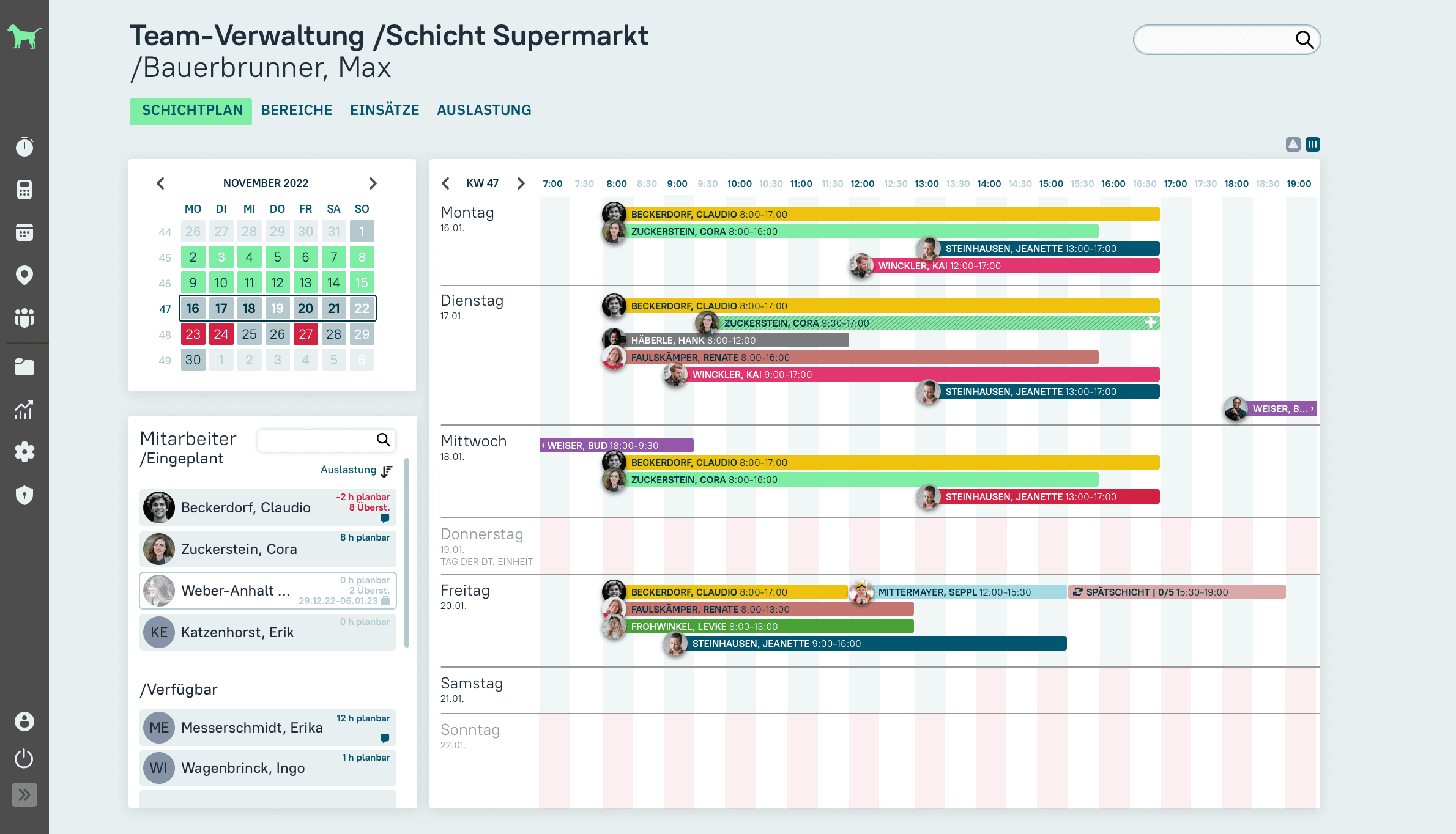 Screenshot einer Ansicht aus dem neuen Schichtplan Kompakt und der Softwareversion askDANTE 4.0.