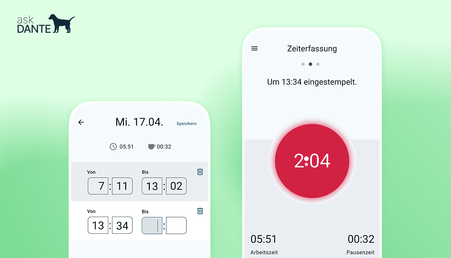 Grafik zeigt die askDANTE App mit der Funktion zur Zeiterfassung per Web-Eingabe auf einem Smartphone Device.