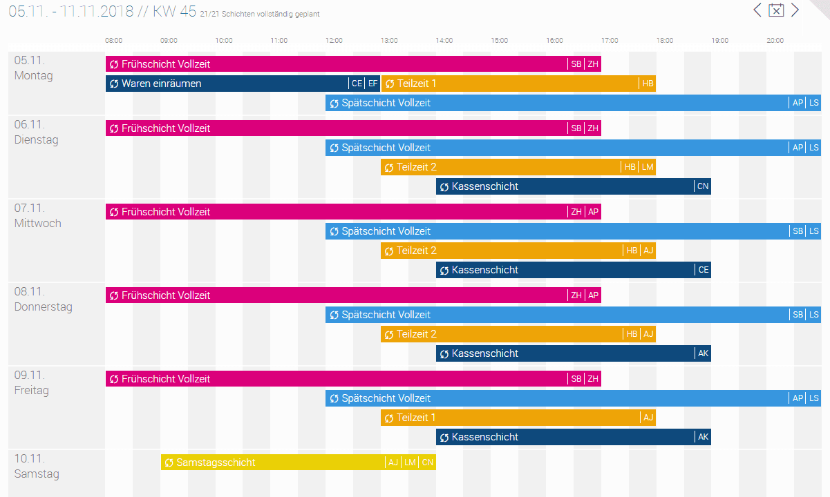 Screenshot aus dem askDANTE Schichtplan zur Samstagsschicht.