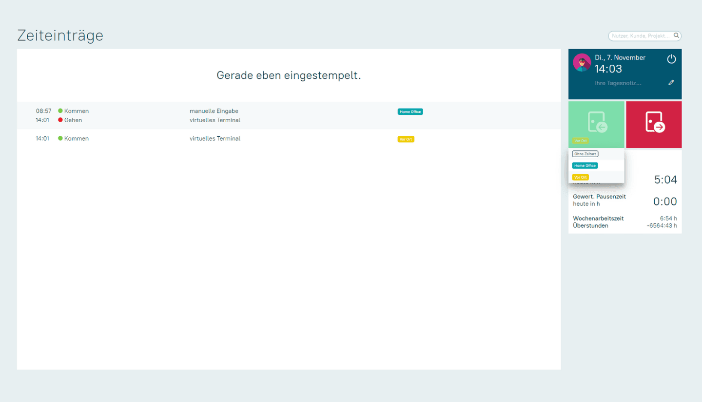 Screenshot zeigt Feature direkte Umbuchung von Zeitarten in askDANTE.
