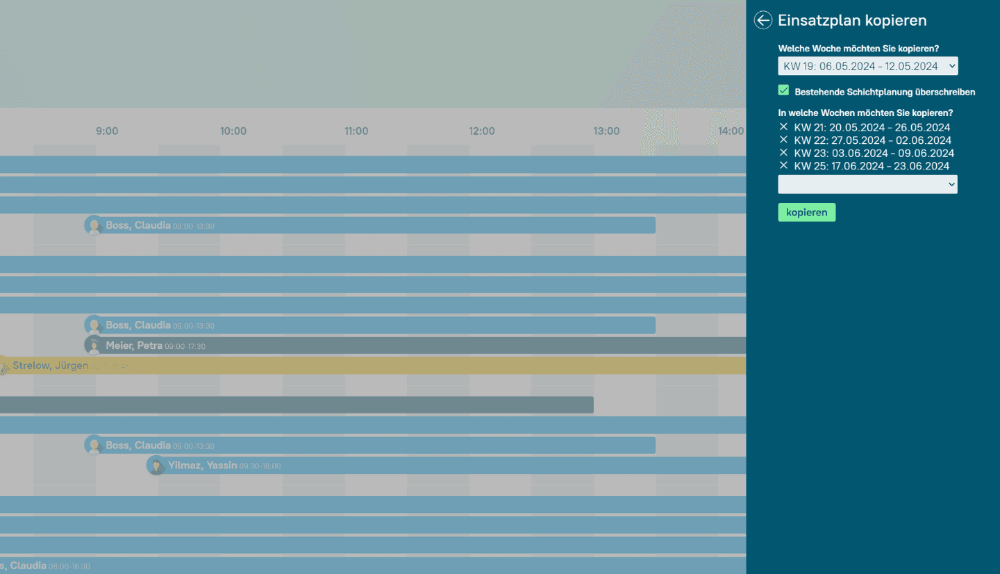 Ein Screenshot aus dem Schichtplan kompakt zeigt die Funktion Schichtplan kopieren jetzt mit einer Überschreibungsfunktion.