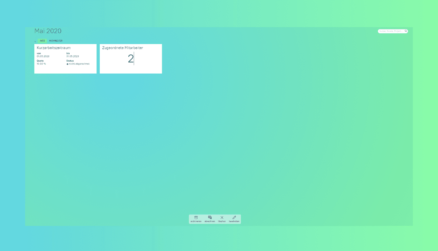 Screenshot zeigt Button zum Abrechnen im Rahmen des Themas Kurzarbeit in askDANTE.