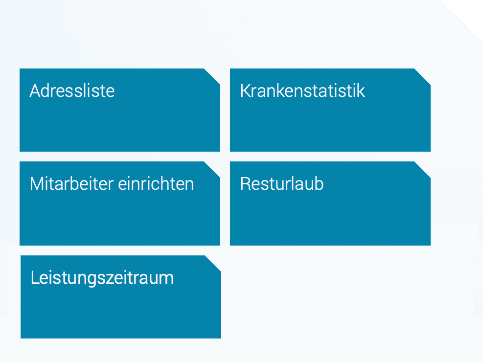 Screenshot verschiedener Report-Möglichkeiten in askDANTE dargestellt als Kacheln. Zum Beispiel: Krankenstatistik, Resturlaub oder Leistungszeitraum.