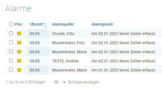 Screenshot einer Auswertung verschiedener Alarme für einen Mitarbeiter.
