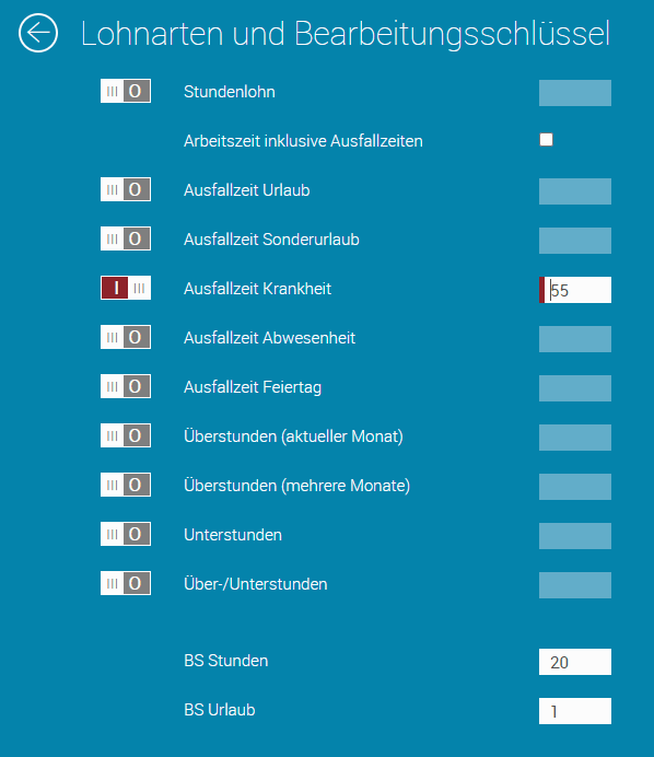 Screenshot verschiedener Lohnarten und Bearbeitungsschlüssel aus der askDANTE Zeiterfassung, die an die Lohnabrechnung per Lohnanbindung übergeben werden können.