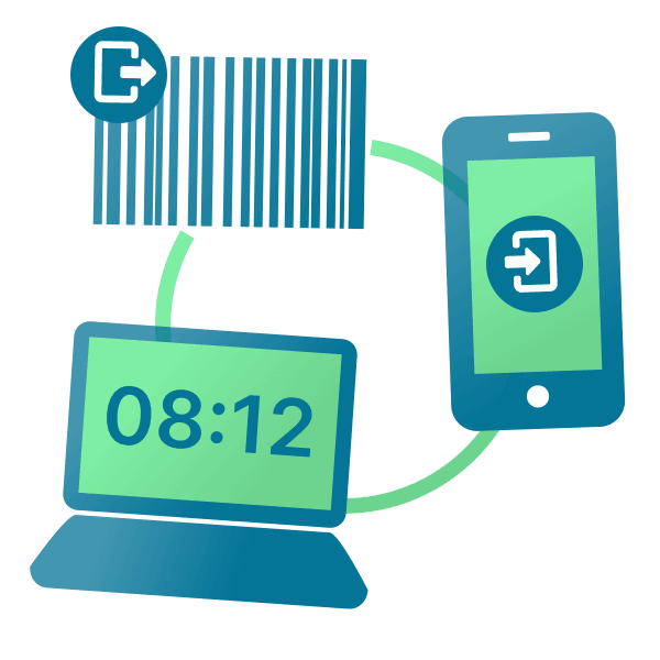 Illustration von Smartphone, Laptop und Strichbarcode als Hardware-Lösungen für die flexible und kombinierte Zeiterfassung mit mehreren Geräten.