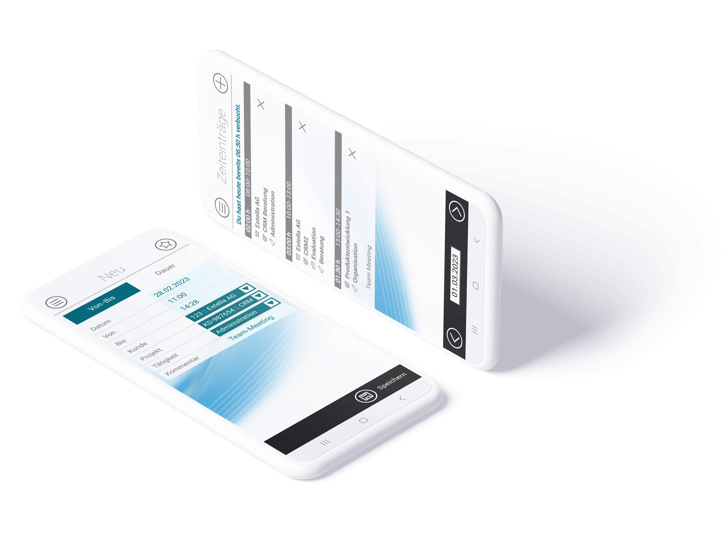 Zwei Handy-Devices, die Buchung von Projektzeiten in askDANTE Zeiterfassung App zeigen.