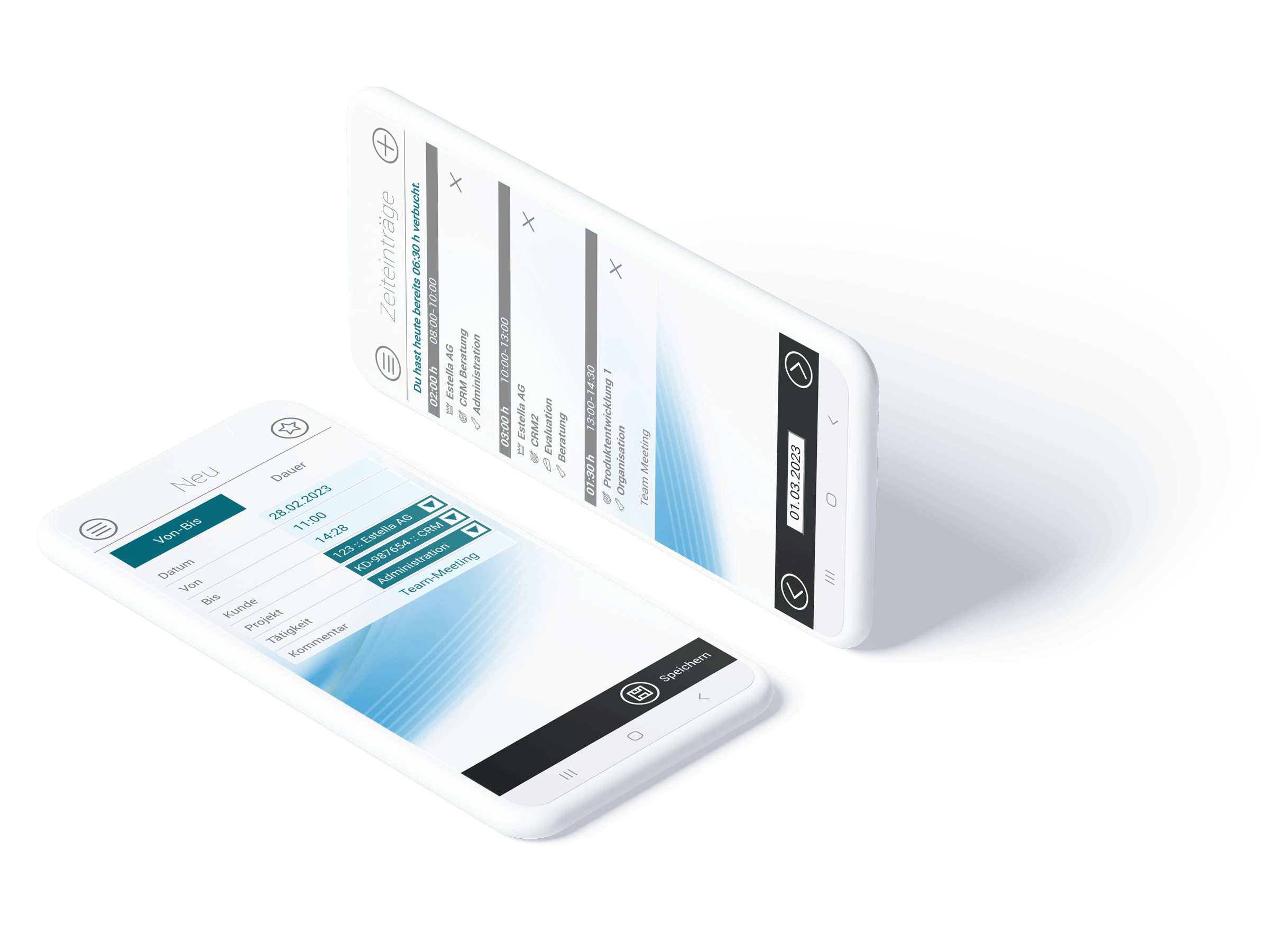 Zwei Handy-Devices, die Buchung von Projektzeiten in askDANTE Zeiterfassung App zeigen.
