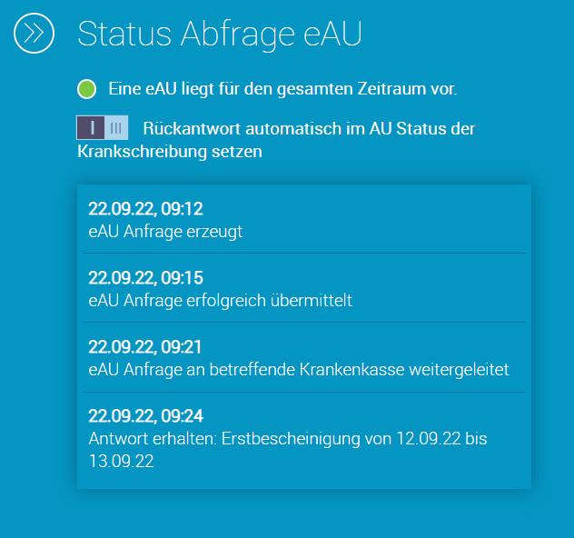 Screenshot des Status einer eAU Abfrage in askDANTE.
