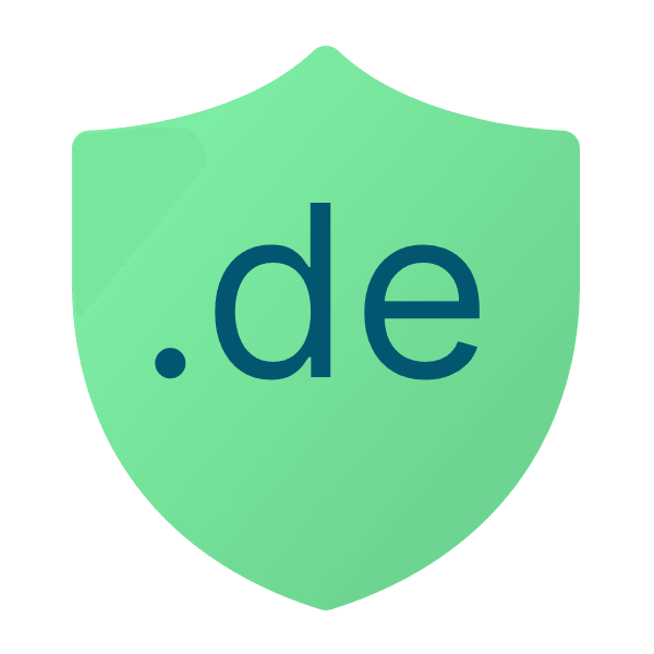 Illustration eines Abzeichens mit Überschrift .de, das für die askDANTE Datensicherheit auf deutschen Servern steht.