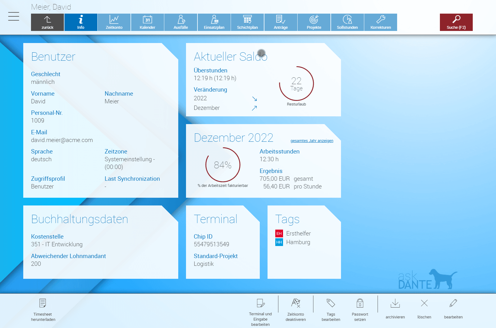 Screenshot eines Zeitkontos in askDANTE mit Auswertungen zum Resturlaub, Überstunden und erfassten Arbeitszeiten.
