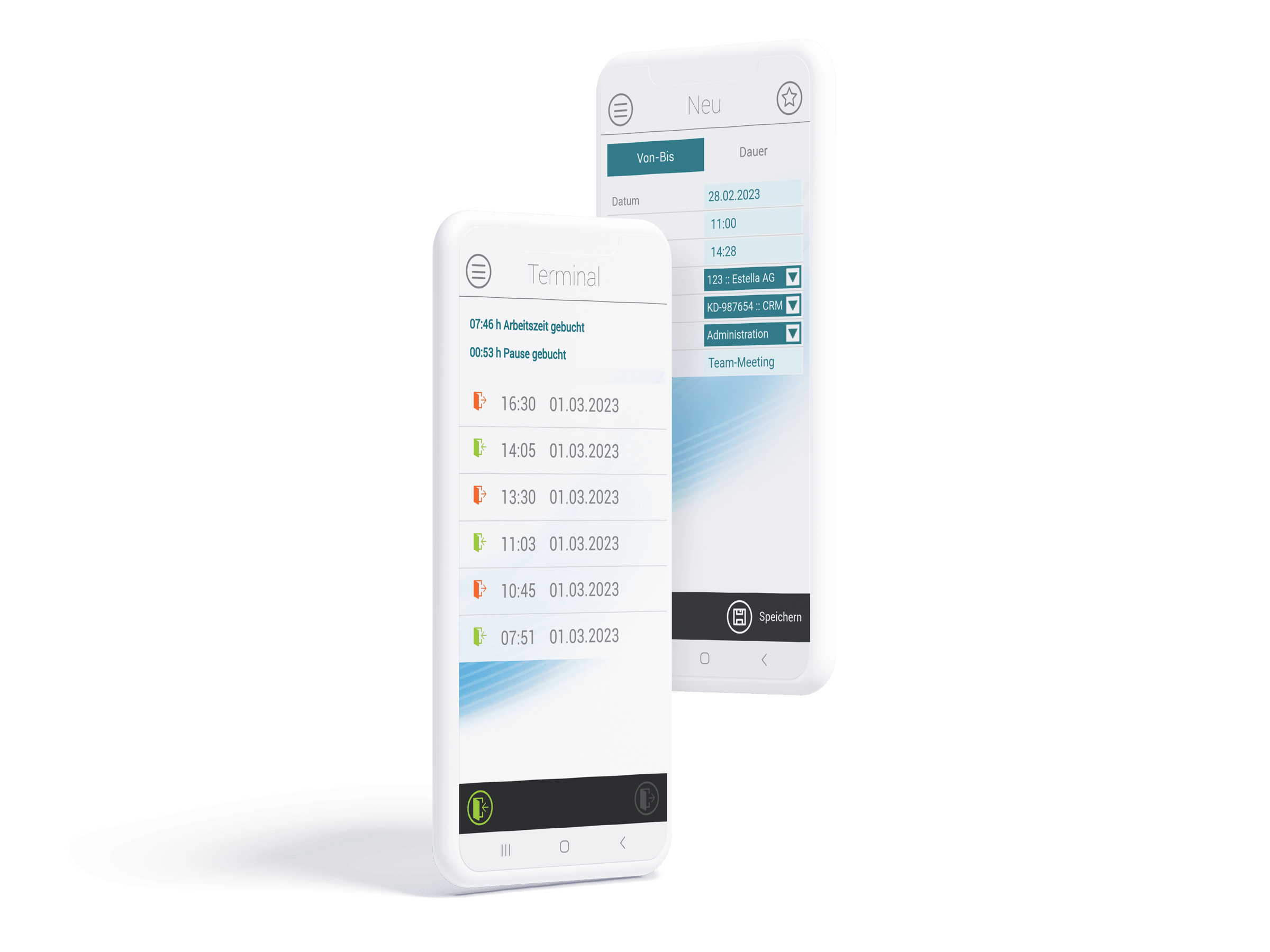 Zwei Smartphone-Devices, die das virtuelle Terminal und die Projektzeiterfassung in der askDANTE Zeiterfassung App zeigen.