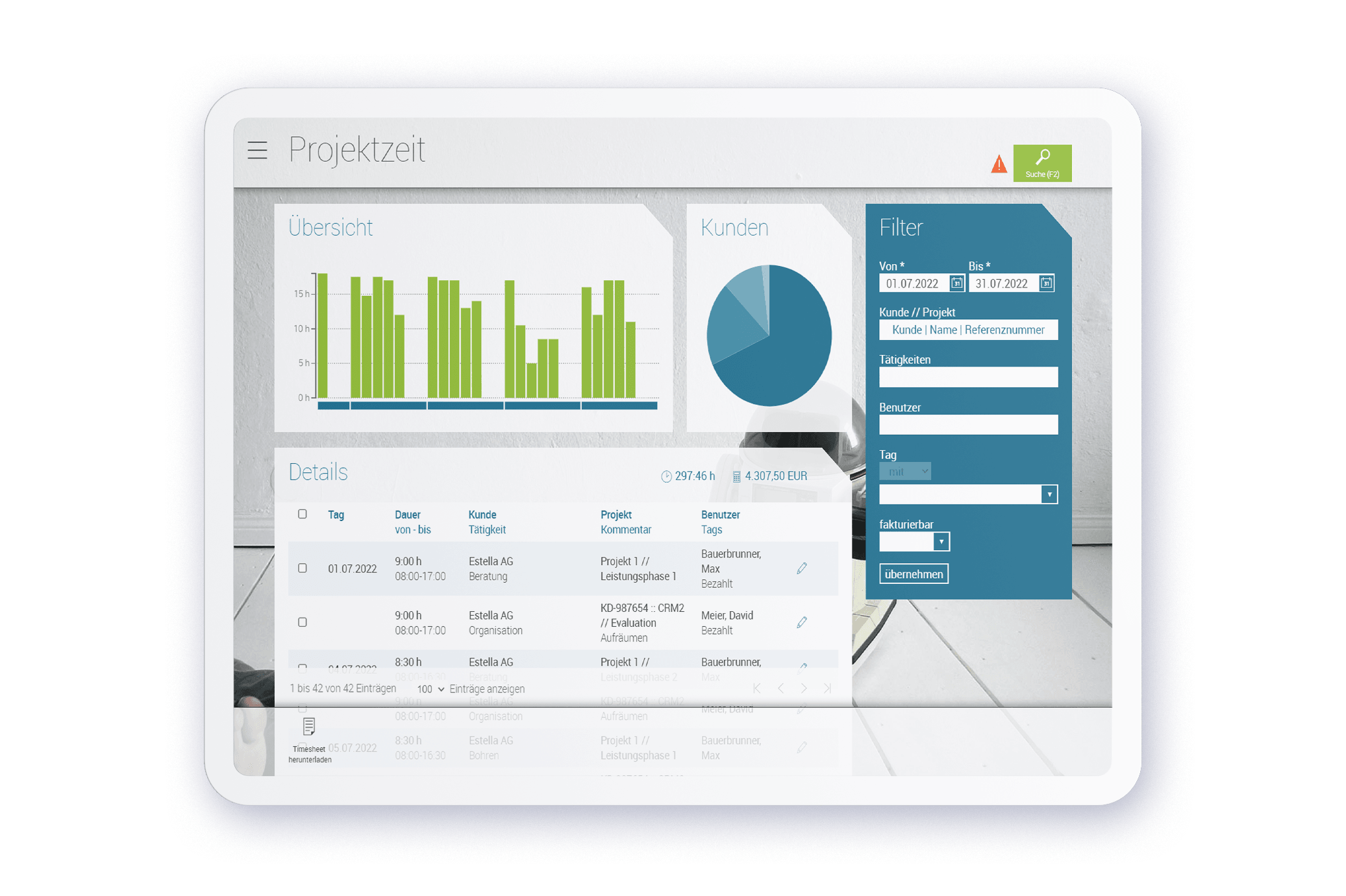 Device Tablet mit Screenshot der Projektzeiten in askDANTE.