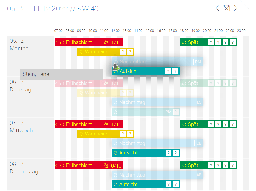 Screenshot eines Schichtplans, in dem Mitarbeiter per Drag and Drop-Verfahren eingeplant werden.