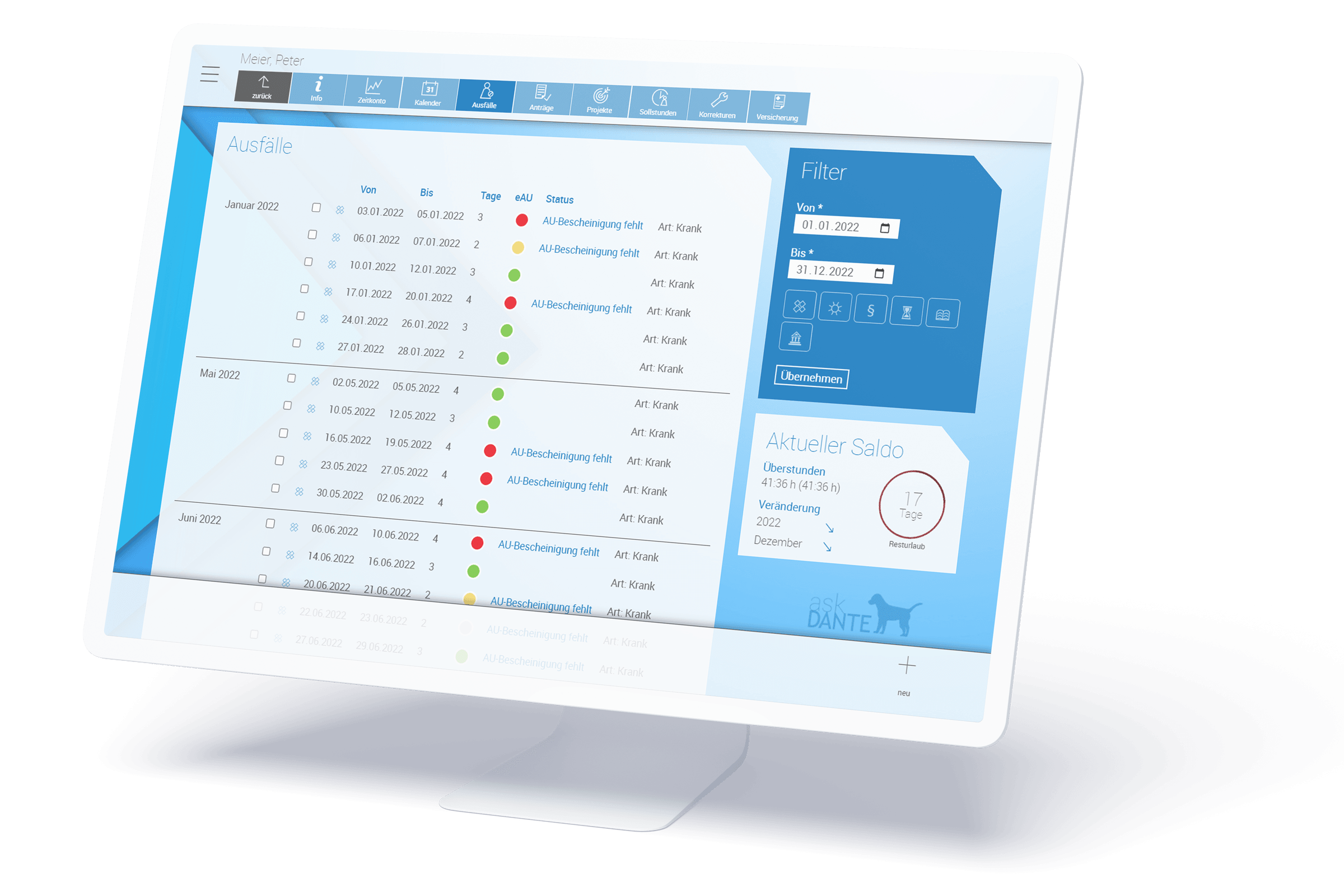 Device Monitor mit Screenshot der Übersicht aller Ausfälle inklusive Status der eAU Abfrage im Rahmen der Krankheitszeiten verwalten in askDANTE.