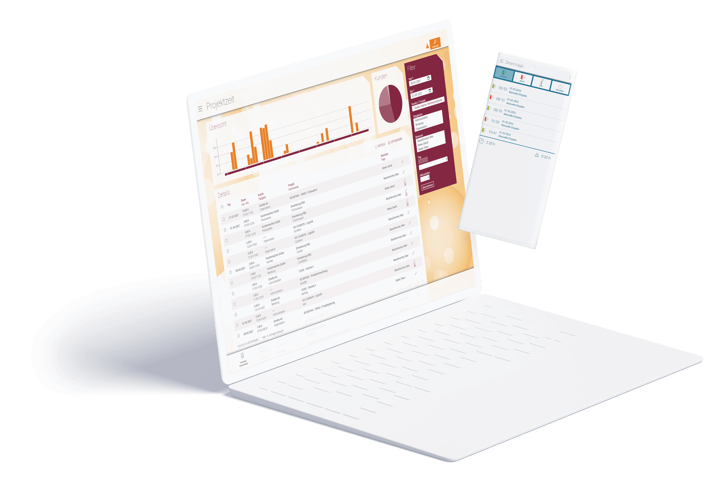 Device mit Screenshots der erfassten Projektzeiten und des virtuellen Terminal auf Notebook und Smartphone.