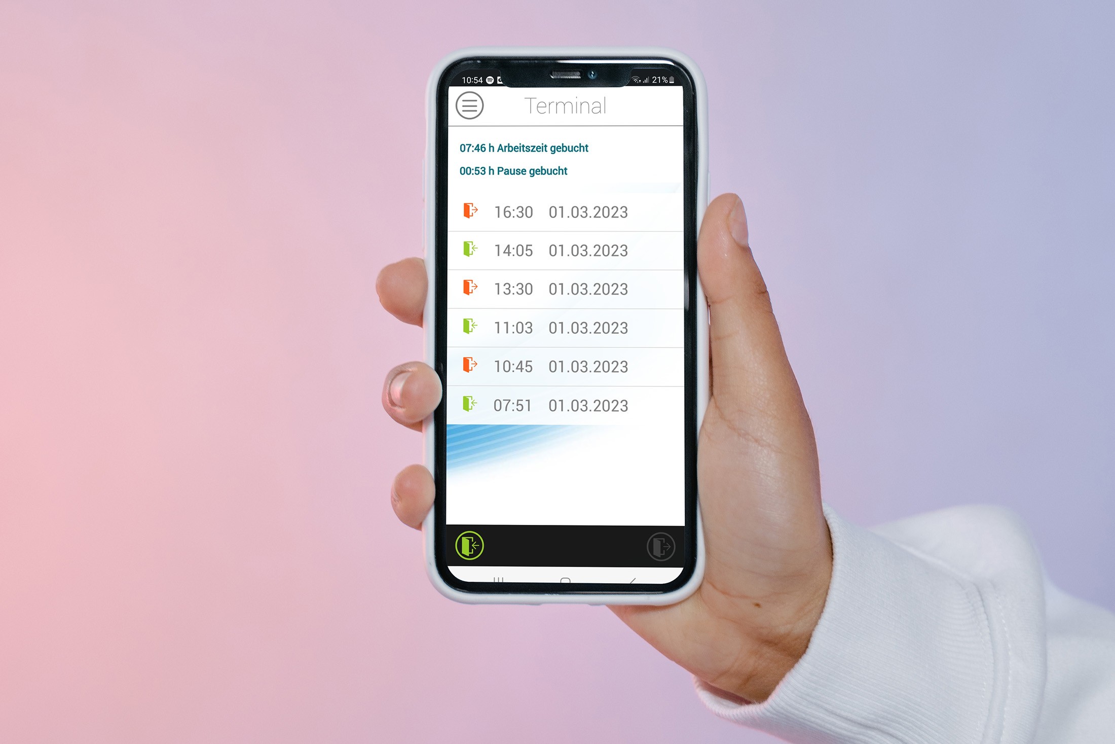 Smartphone zeigt erfasste Arbeitszeiten und Pausen am virtuellen Terminal in askDANTE App.