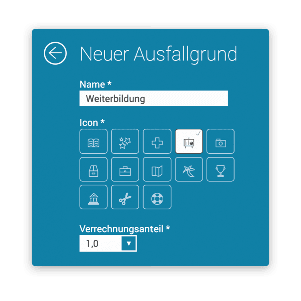 Screenshot der Funktion neuer Ausfallgrund in askDANTE. Mit Feldern für Bezeichnung des neuen Ausfallgrundes, Icons und Verrechnungsanteil.