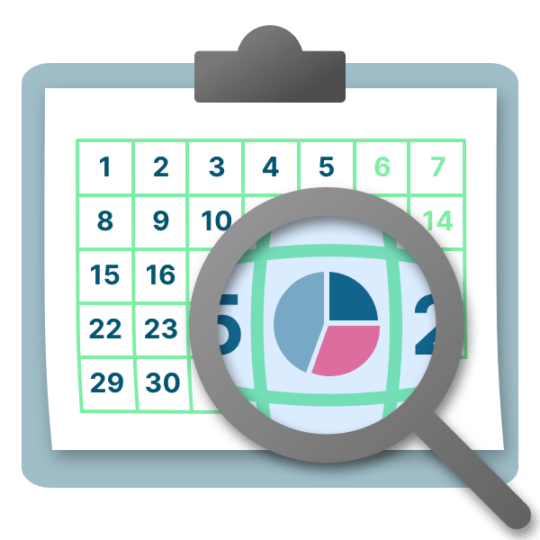 Illustration eines Wandkalenders mit Lupe, die ein Tortendiagramm vergrößert. Ein Verweis auf die Stundenabrechnung beim Thema Zeitarbeit.