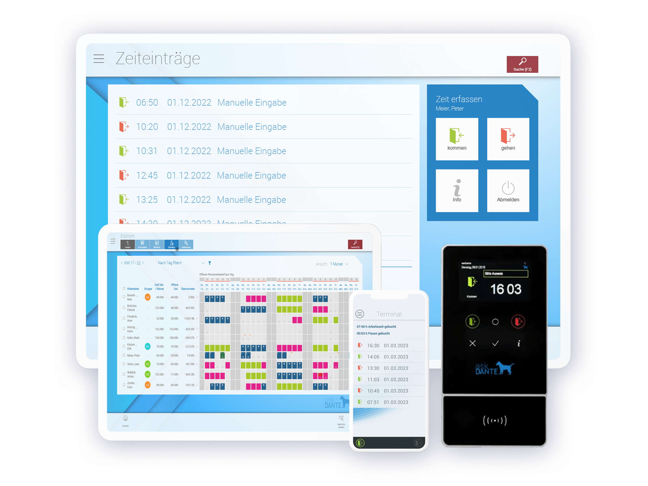 Device Kombination zum Thema Zeiterfassung online mit Terminal Modell Business und Screenshots vom virtuellen Terminal, Zeiteinträgen und Schichtplaner online auf Monitor, Tablet und Smartphone.