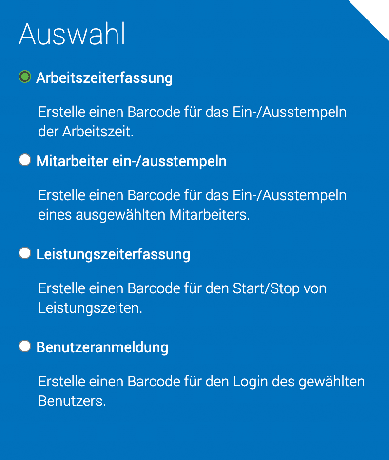 Screenshot Auswahlpunkt QR-Code für Arbeitszeiterfassung.