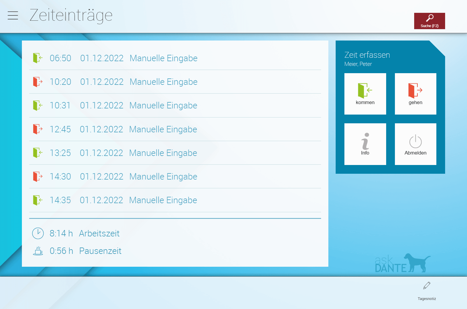 Screenshot aus askDANTE Zeiterfassung, das virtuelles Terminal mit gestempelten Arbeitszeiten zeigt.