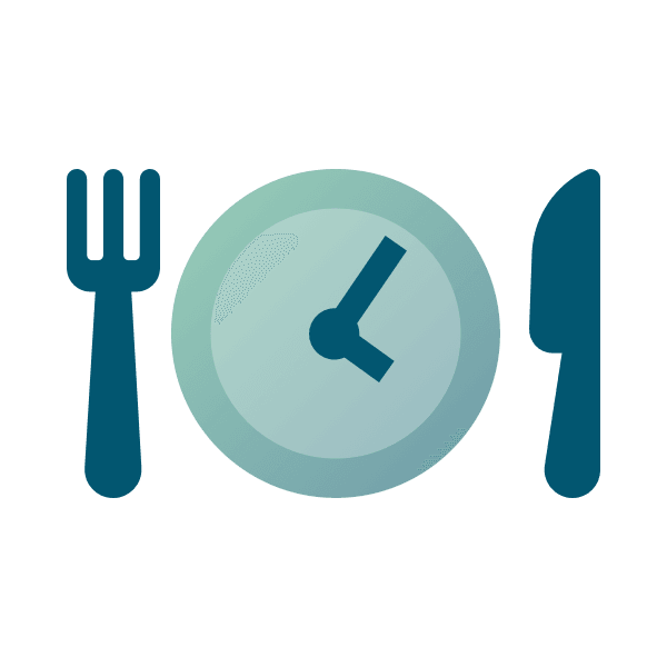 Illustration einer Teller-Uhr mit Messer und Gabel, die auf das Thema Pausenzeit verweist.