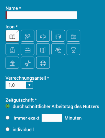 Screenshot der Funktion Neuen Ausfallgrund eintragen in askDANTE. Mit Eingabefeldern von Name, Icon, Verrechnungsanteil und Zeitgutschrift.