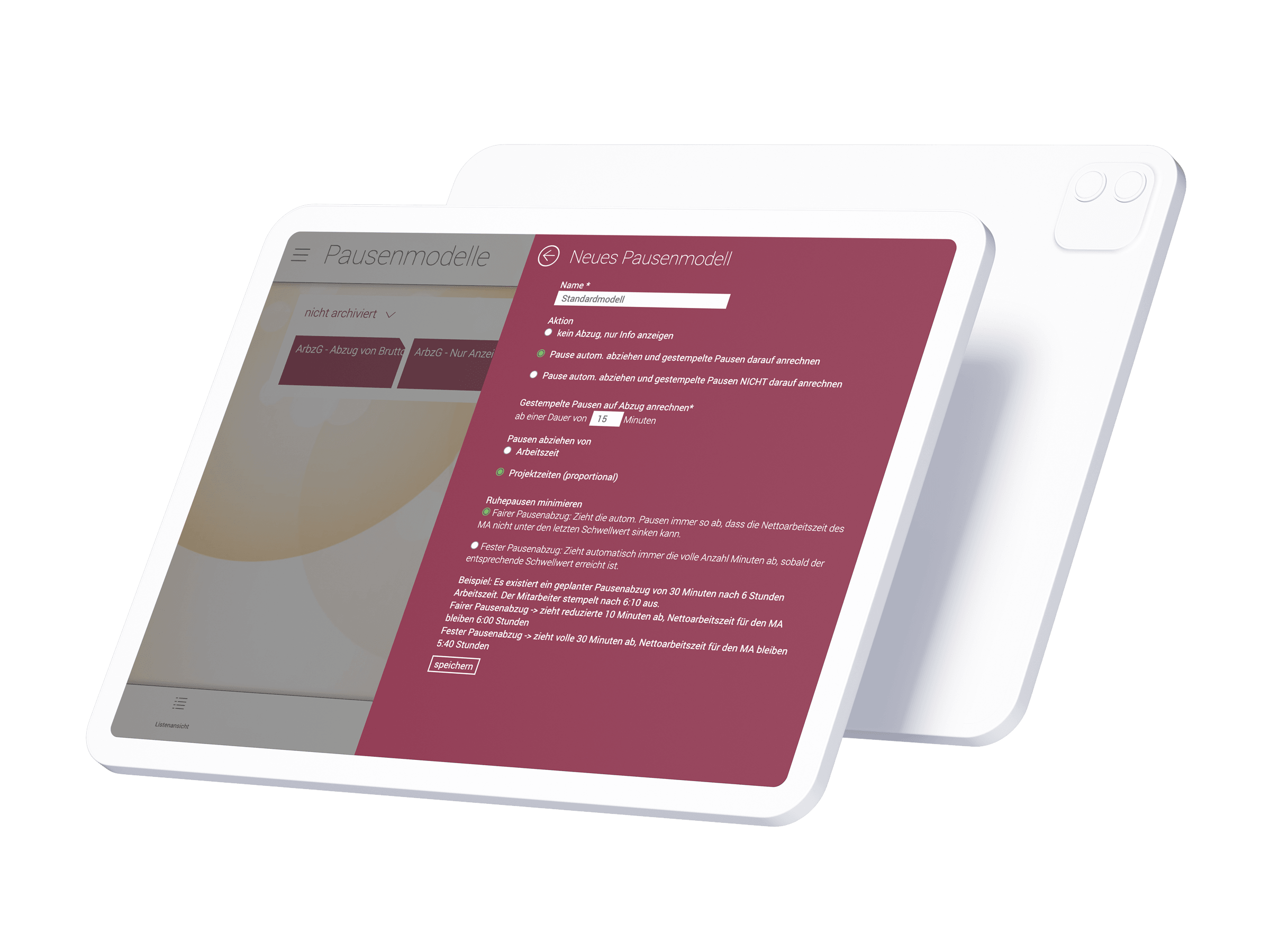 Device iPad mit Screenshot der Einstellungsoptionen bei der Erstellung eines neuen Pausenmodells in askDANTE.