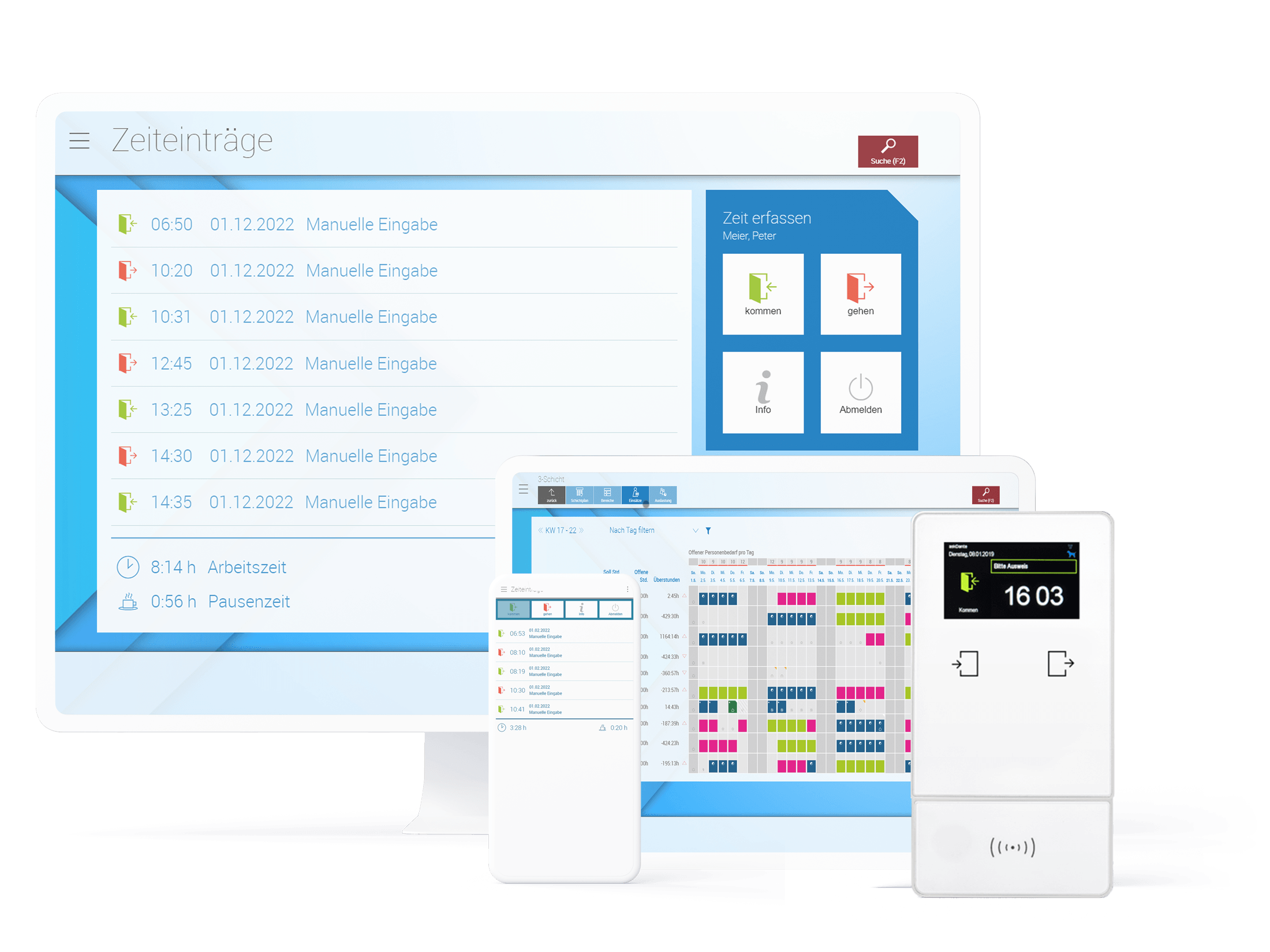Device-Kombination mit Monitor, Tablet, Smartphone und Terminal und Screenshots zum virtuellem Terminal, Schichtplanung und erfassten Arbeitszeiten auf Zeiterfassungsterminal.