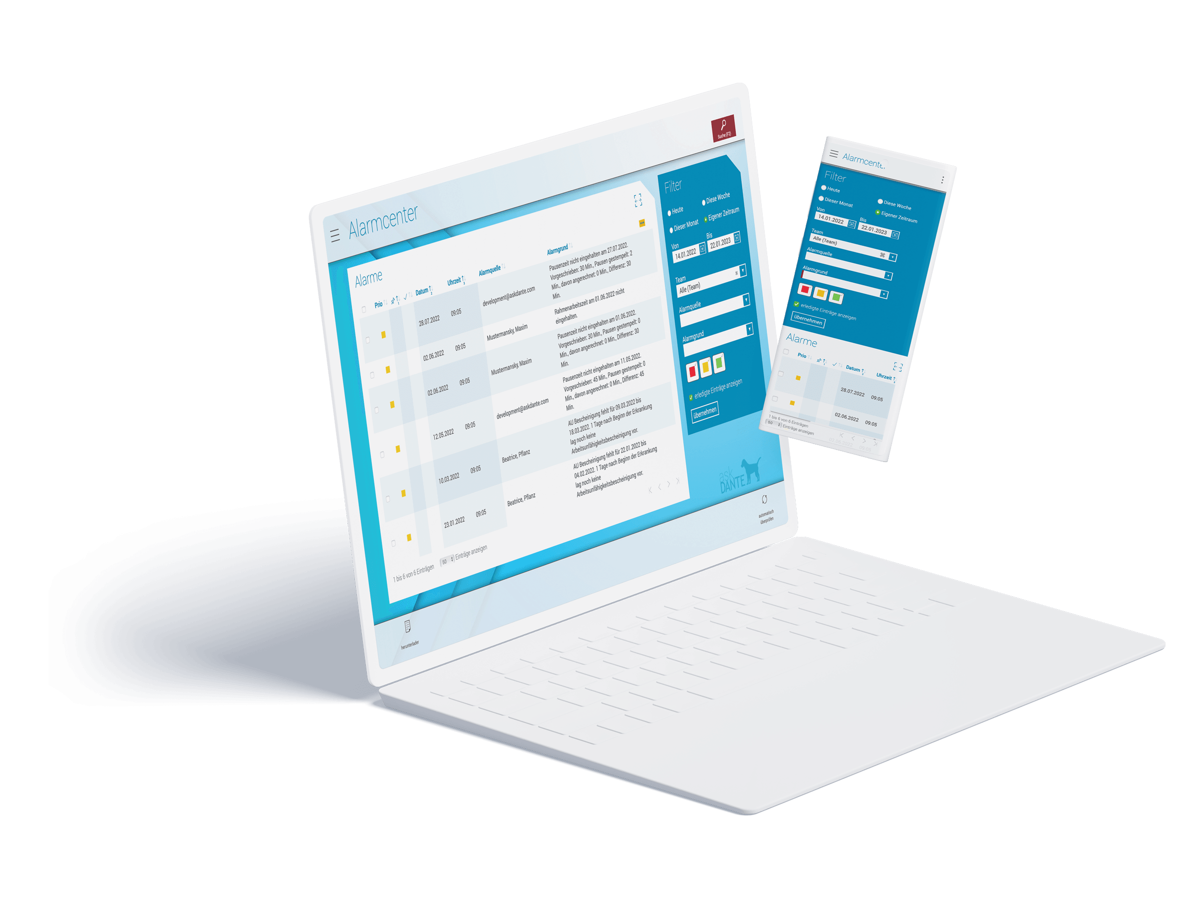 Device Zusammenstellung von Laptop und Smartphone mit Screenshots des Alarmcenters in askDANTE.