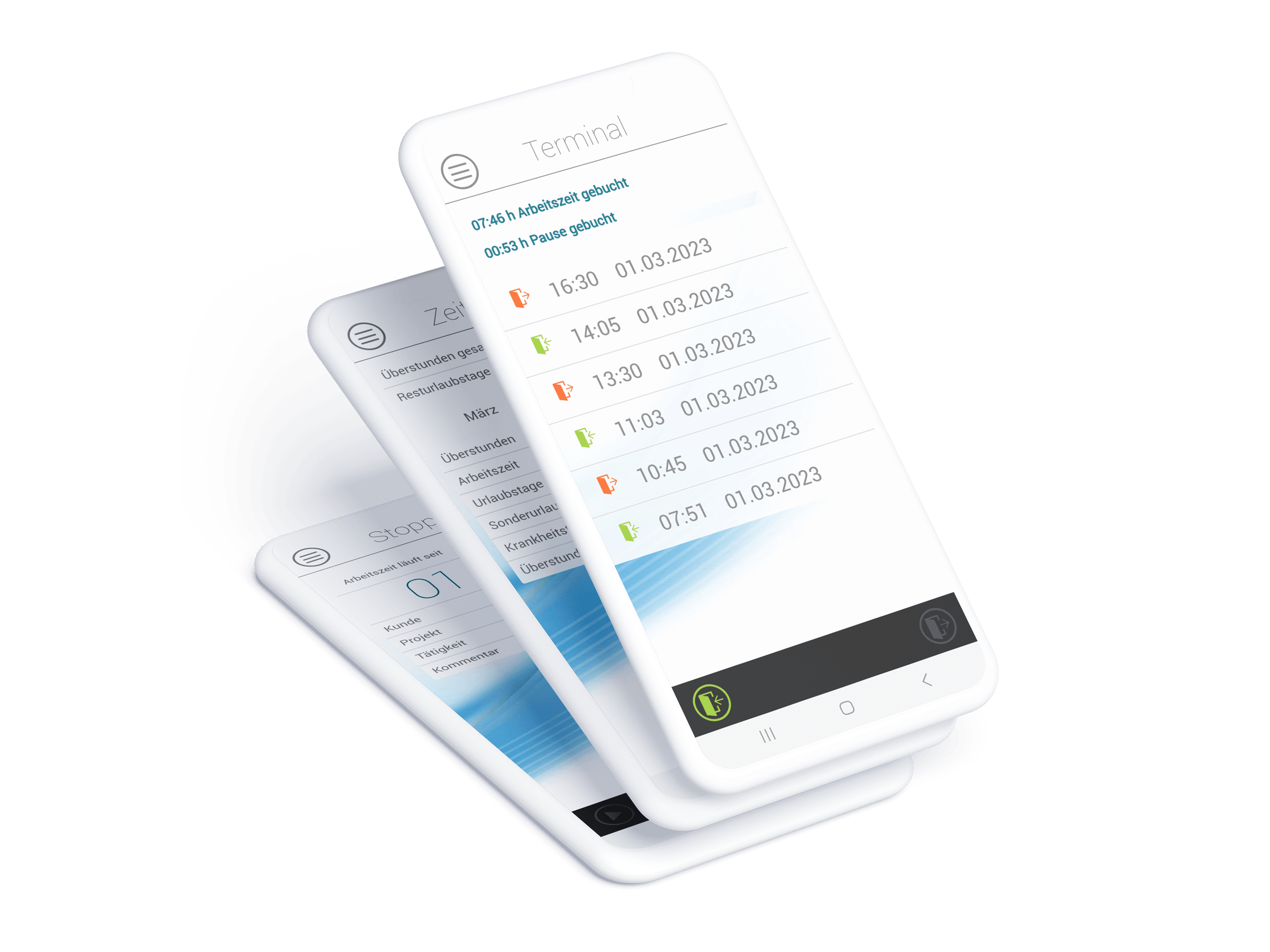 Drei Handy-Devices zum Thema mobile Zeiterfassung, die erfasste Arbeitszeiten im virtuellen Terminal, Arbeitszeitkonto und askDANTE Stopp-Uhr zeigen.