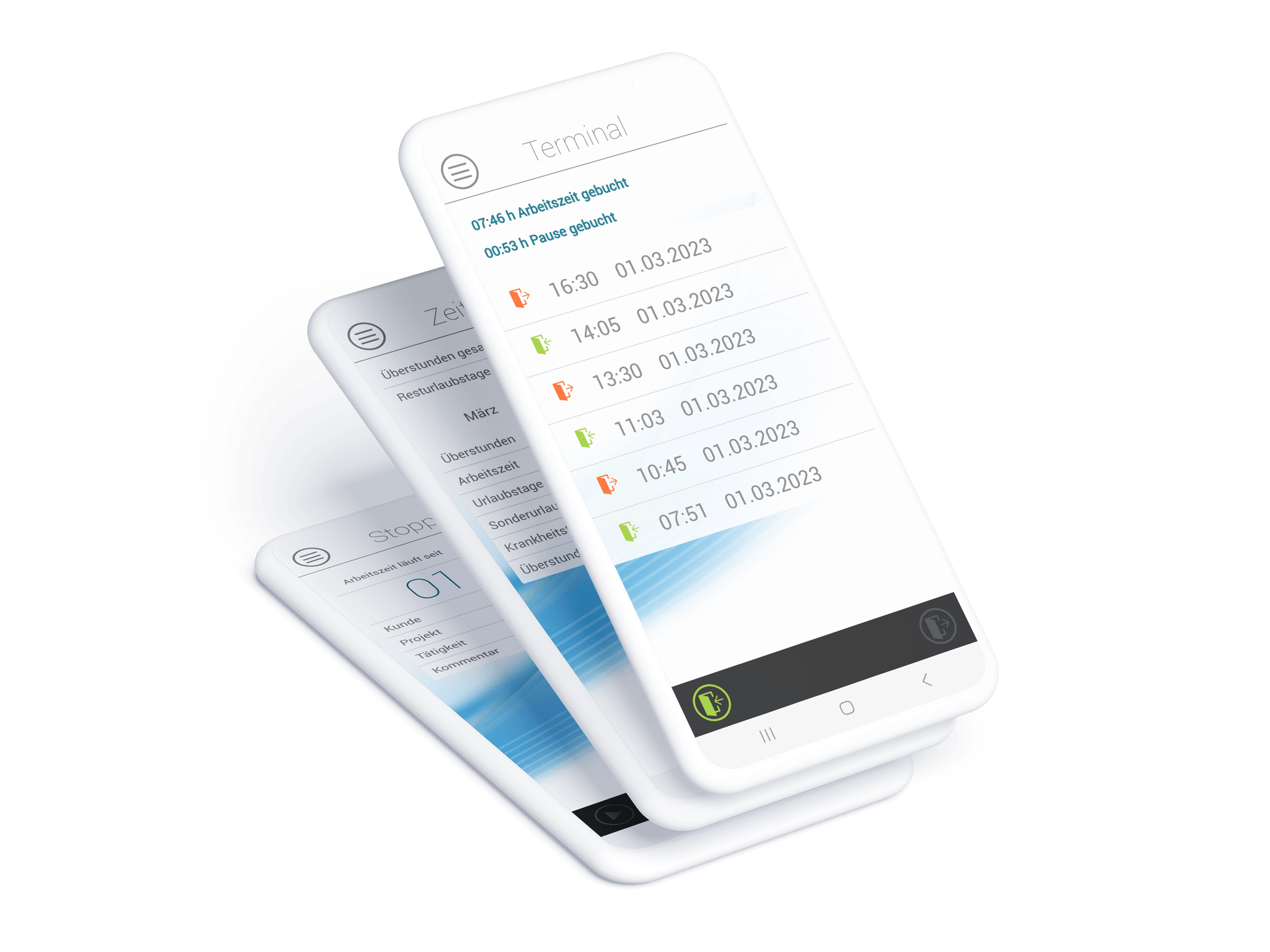 Drei Handy-Devices zum Thema mobile Zeiterfassung, die erfasste Arbeitszeiten im virtuellen Terminal, Arbeitszeitkonto und askDANTE Stopp-Uhr zeigen.
