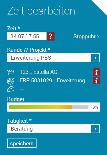 Screenshot zeigt Dialogfeld Projektzeiten erfassen im Rahmen der Projektzeiterfassung in askDANTE.