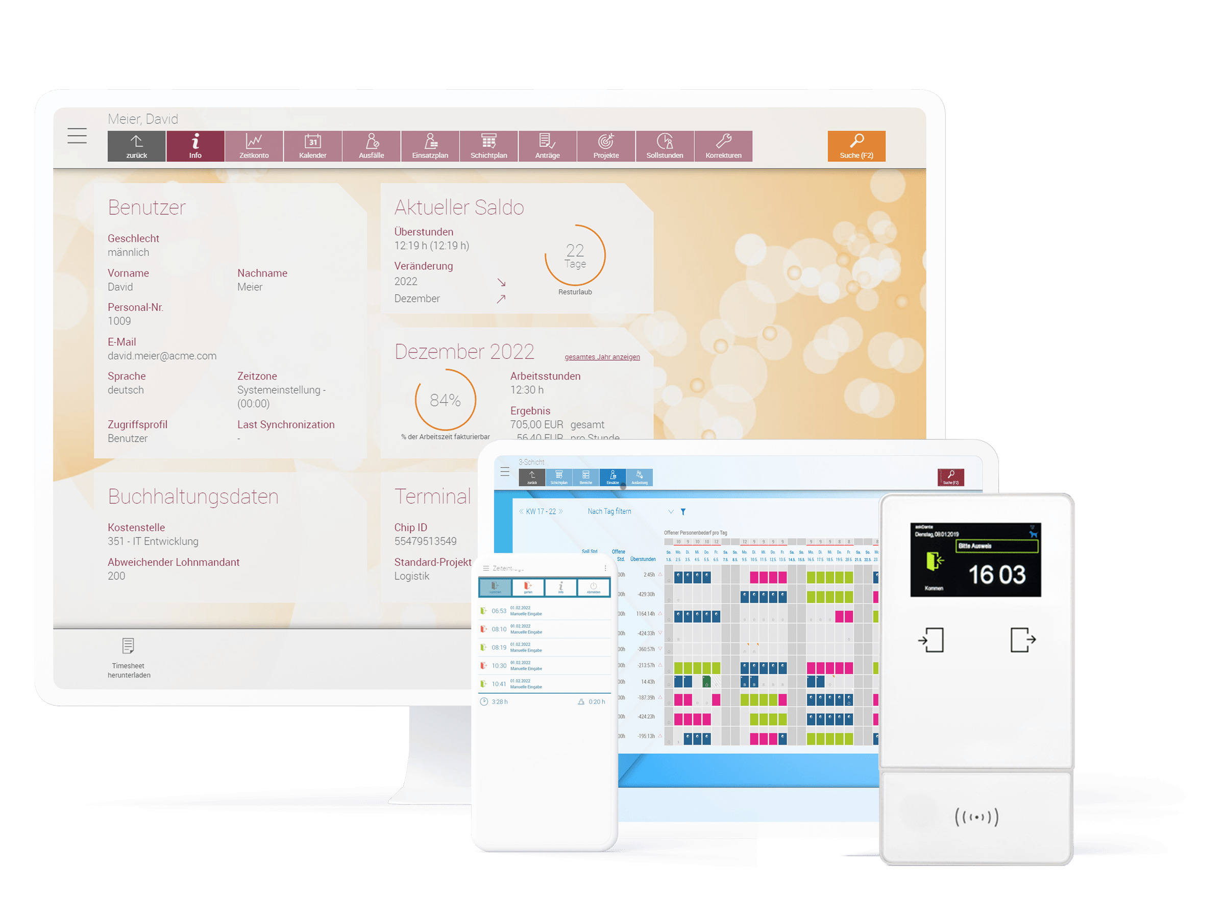 Device Kombination zum Thema Zeiterfassung zeigt Zeitkonto, Schichtplan und virtuelles Terminal auf Monitor, Tablet, Zeiterfassungsterminal und App.