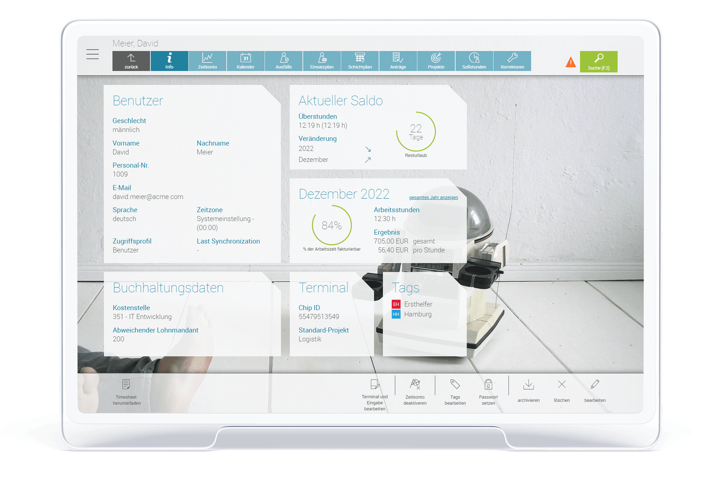 Device Monitor mit Screenshot des Zeitkontos in askDANTE.