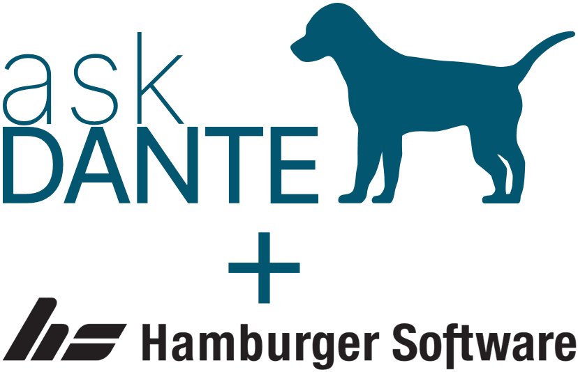 Logos der Firmen askDANTE und HS Hamburger Software im Rahmen der Hamburger Software-Schnittstelle in askDANTE.